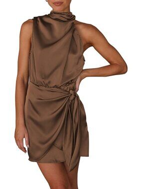 Women's Dark Brown Sleeveless Mock Neck Formal Satin Tie Waist Tank Top Dress